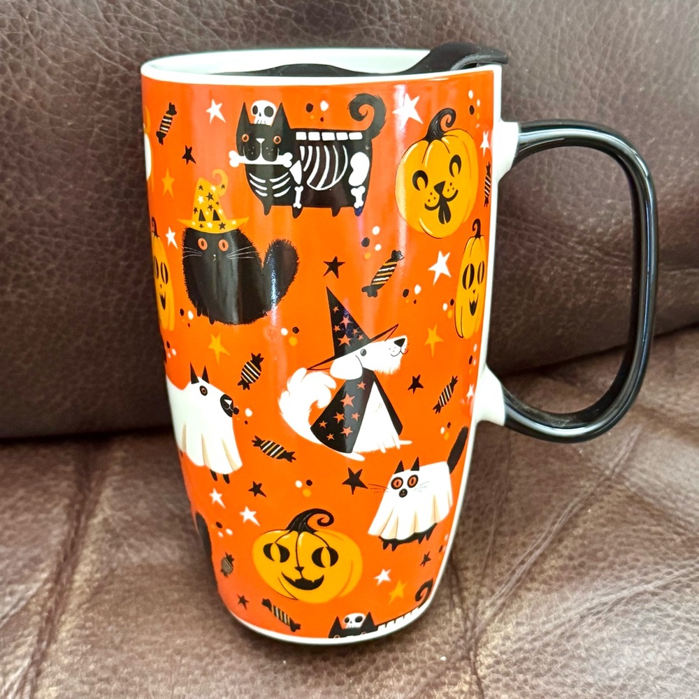 Cats & Dogs in Halloween Costumes with Pumpkins Ceramic Travel Tumbler